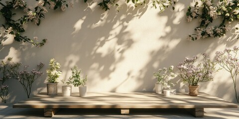Wooden Platform With Plants And Flowers Against A Wall