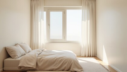 Cozy bedroom with soft bedding, serene mood, sunlit window, perfect for afternoon nap