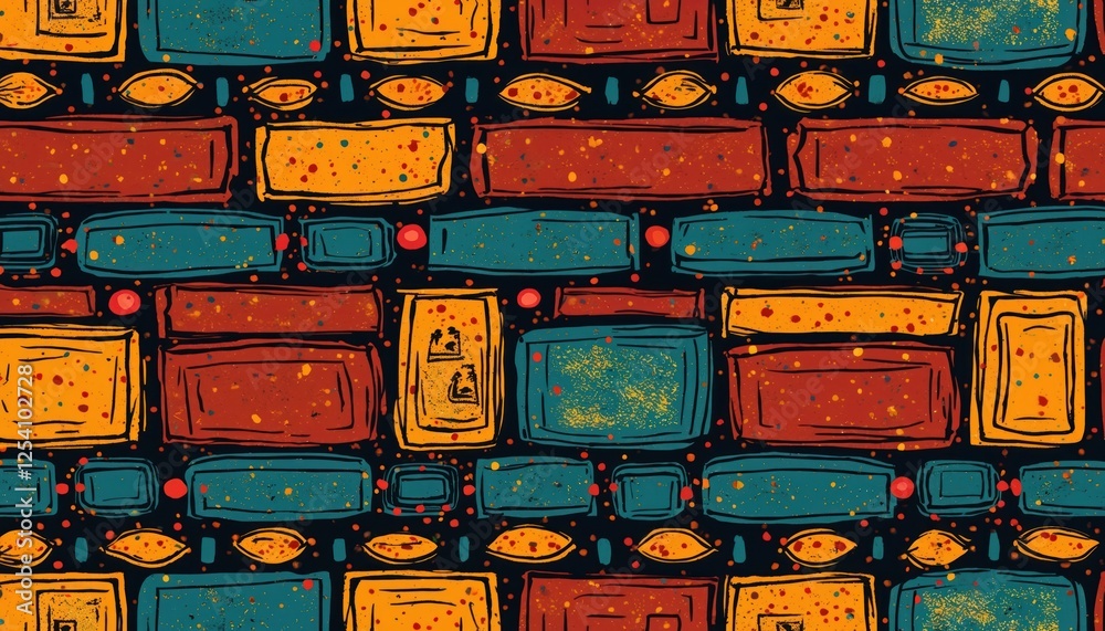 Poster seamless pattern with hand drawn horizontal lines and bricks in traditional african colors. visual e