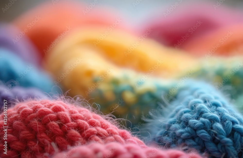 Poster Closeup of soft multicolored knitted woolen rainbow texture. Warm winter clothes surface with copy space. Blurred textile with patterns. Knitted colorful woolen items.