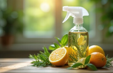 DIY natural cleaning product in glass spray bottle with herbs, citruses. Homemade detergent with lemon, orange. Eco friendly, zero waste home cleaning concept.