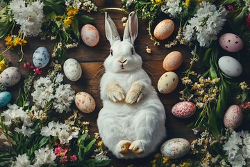 Top view of Easter Bunny surrounded by eggs and spring flowers