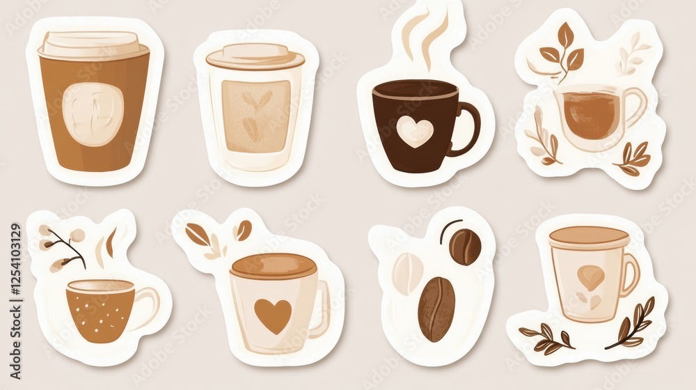 Poster enjoyable style stickers of coffee cups and beans perfect for coffee lovers and creative projects. g
