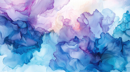 Fototapeta premium An abstract, fluid design with watercolor-style splashes and flowing gradients of blue, purple, and pink. The texture should look like it’s been painted on a canvas, with soft, blended transitions and