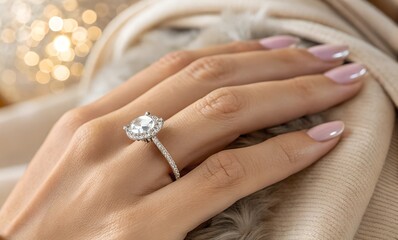 Fototapeta premium A woman's hand adorned with a stunning diamond engagement ring, resting on luxurious soft fabric. The sparkling gemstone symbolizes love, commitment, and elegance.