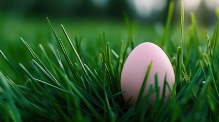 Fototapeta premium A single pastel pink egg is nestled in vibrant green grass, capturing the essence of springtime. Soft sunlight enhances the colorful scene in a serene outdoor setting
