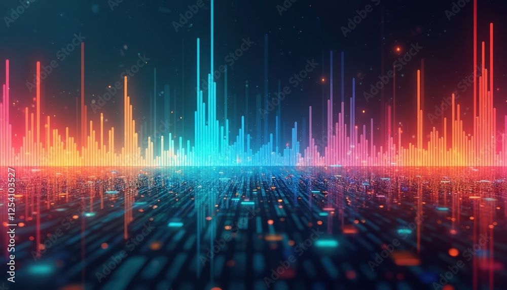 Leinwandbilder colorful sound wave visualization with digital elements. data patterns reflect neon lights spectrum,