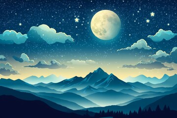 Night Sky, Mountains, Full Moon, Clouds, Stars, Landscape, Serenity, Background, Illustration, Design