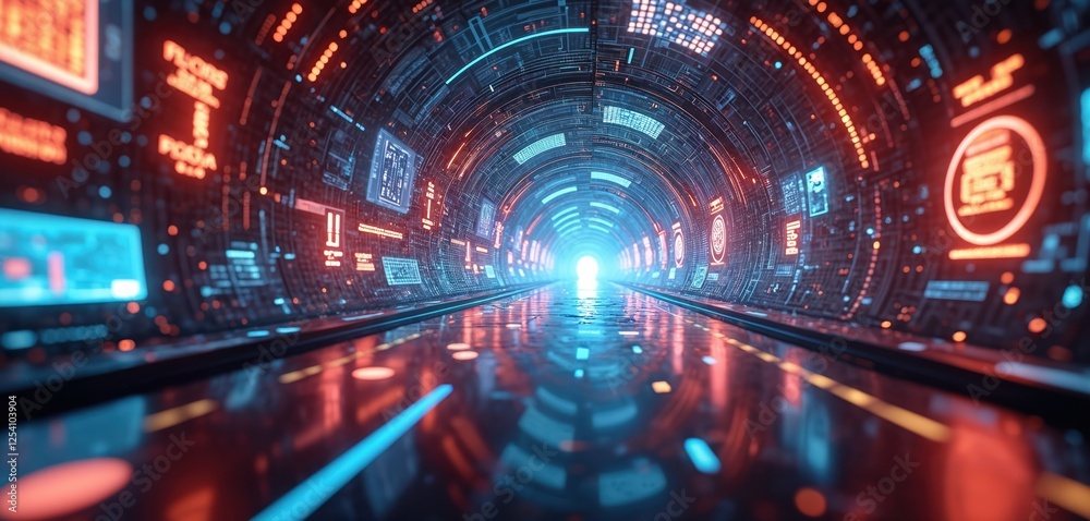 Aufkleber Futuristic digital tunnel illustration. 3D render of a modern computer surface environment. Virtual reality design. Glowing neon lights illuminate hi-tech industry cyberspace panorama.