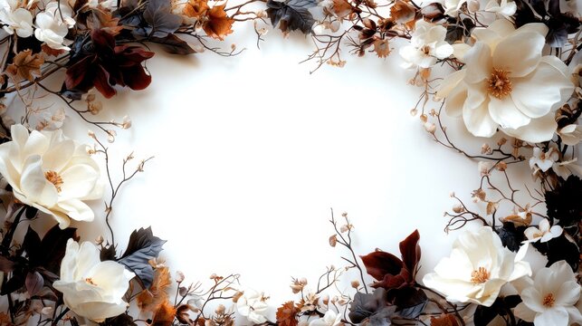 Delicate white flowers and dark leaves create a sophisticated border around a blank center. This arrangement is perfect for invitations, announcements, or personal messages