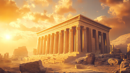 Obraz premium A majestic ancient egyptian temple stands in ruins, bathed in the golden light of the setting sun. Golden Age Ruins. Illustration