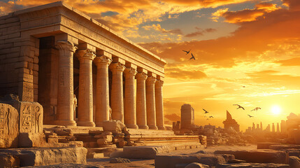 A majestic ancient egyptian temple stands in ruins, bathed in the golden light of the setting sun. Golden Age Ruins. Illustration