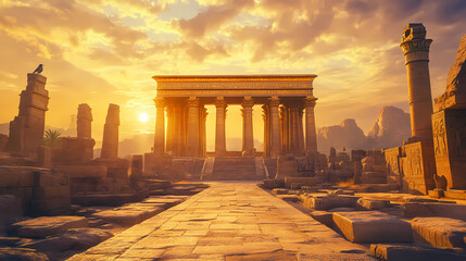 Fototapeta premium A majestic ancient egyptian temple stands in ruins, bathed in the golden light of the setting sun. Golden Age Ruins. Illustration
