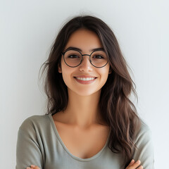 Obraz premium miling young woman with long dark hair and round glasses