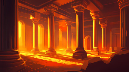 A warm, atmospheric interior featuring ancient columns illuminated by soft, golden light, creating a mystical ambiance. Golden Age Ruins. Illustration