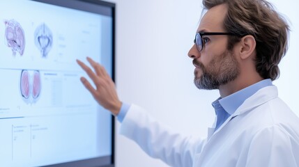 Doctor reviewing medical scan on digital display: A focused male doctor wearing glasses and a lab coat intently examines detailed medical scans displayed on a large digital screen.