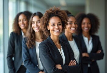 Obraz premium Diverse group smiling confident businesswomen stand in office. Multicultural females team in formal suits, leadership concept, success at work, teamwork, corporate environment. African American woman