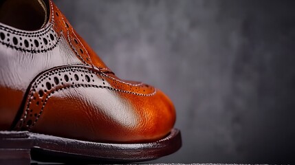 Close-up of a polished brown leather dress shoe on a dark textured background showcasing craftsmanship