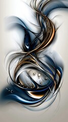   Water and bubble abstract art on blue and white canvas with gold and silver swirls