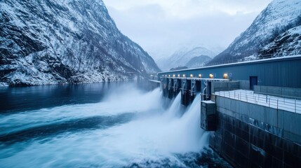 Fototapeta premium A dam releases vast amounts of water into a glacial lake as mountains wrapped in snow tower in the background. The atmosphere is tranquil, showcasing natural beauty in winter