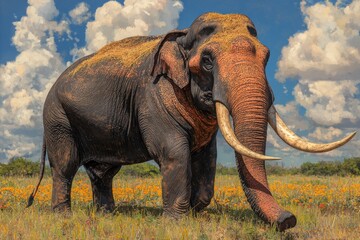 Fototapeta premium An adult elephant meanders through a lush field of daisies