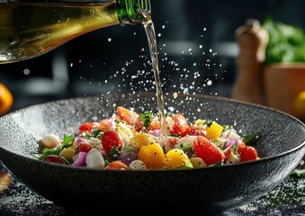 Champagne vinegar poured over a tasty-looking salad with vibrant color