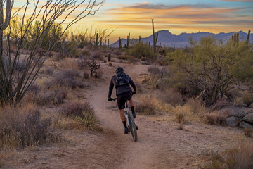 Man Riding Mountain Bike On Desert Trail In Arizona Right Before Sunrise 