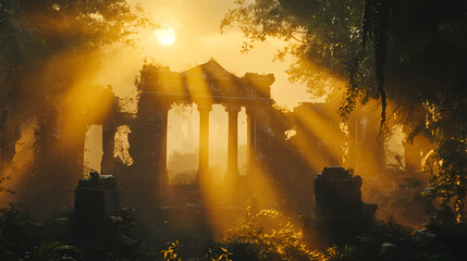 Ancient ruins bathed in golden sunlight, surrounded by lush vegetation and misty atmosphere. Golden Age Ruins. Illustration