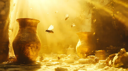 Ancient ruins, golden vessels, insects, sunlight. Golden Age Ruins. Illustration