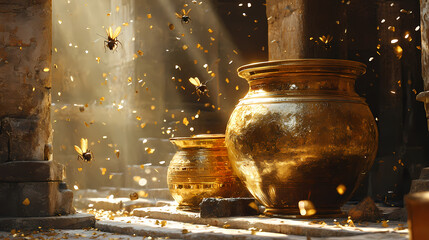 Ancient ruins, golden vessels, insects, sunlight. Golden Age Ruins. Illustration