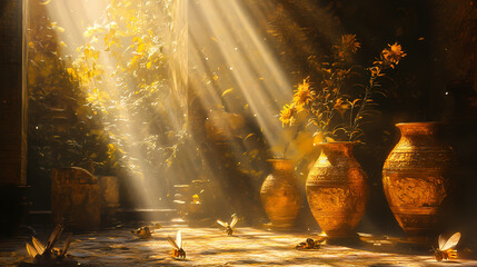 Ancient ruins, golden vessels, insects, sunlight. Golden Age Ruins. Illustration