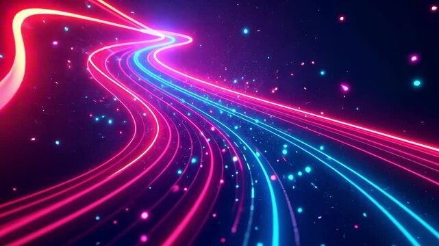 Abstract background, neon glowing lines move in a stream and bend smoothly against a dark background with a side effect. The concept of speed, routes
