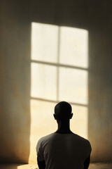 An ascetic lifestyle. A man sits in front of a window by a empty wall in the shadows of the sun.