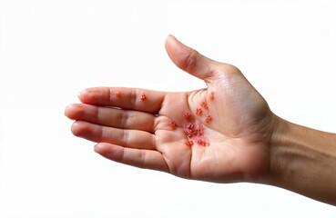 Close-up of secondary syphilis sores, palmar lesions on the palm. Skin rash symptoms for medical dermatology reference. STD testing, sexually transmitted infection diagnosis, treatment.