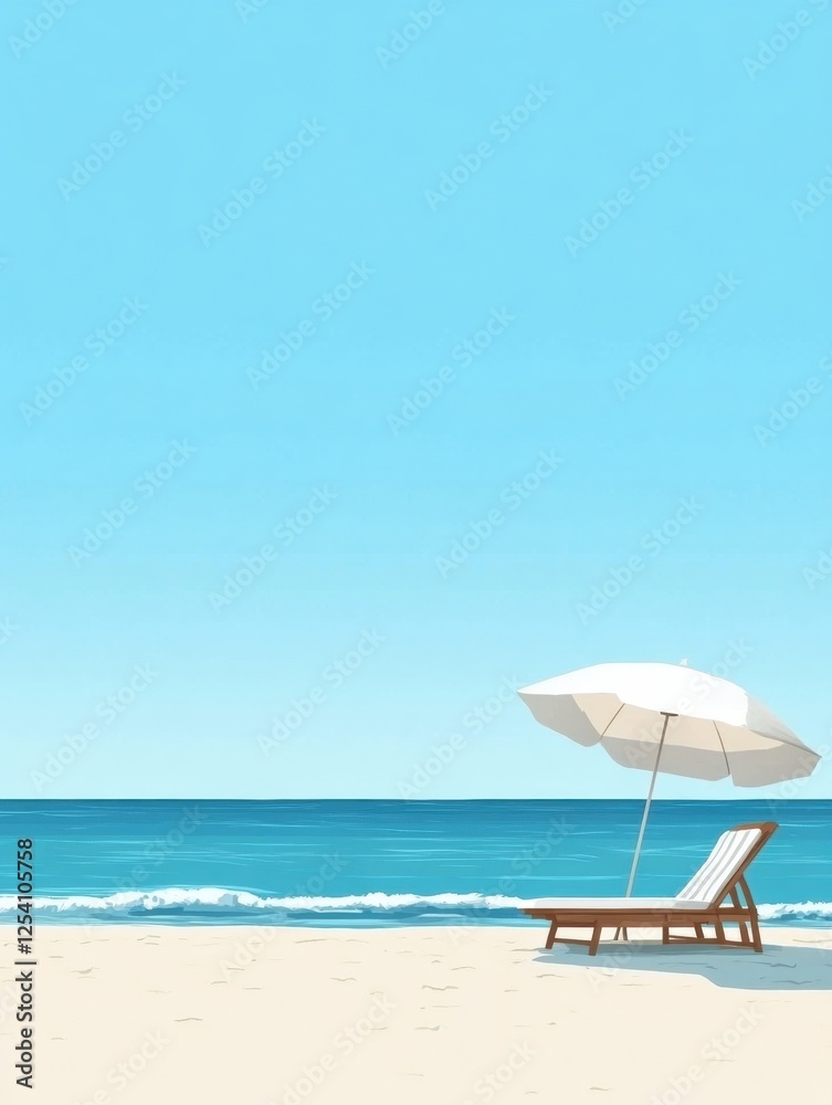 Poster minimalistic beach setting with a lounge chair and umbrella by calm ocean waves under a clear blue s