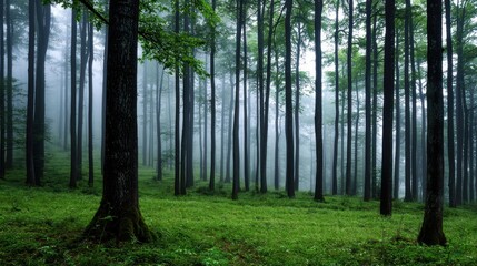Obraz premium Majestic tall trees rise from a carpet of vibrant green grass in a misty forest. The soft morning light filters through the fog, creating an ethereal atmosphere