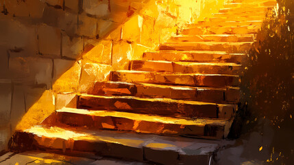 Ancient stone steps bathed in golden sunlight. Golden Age Ruins. Illustration