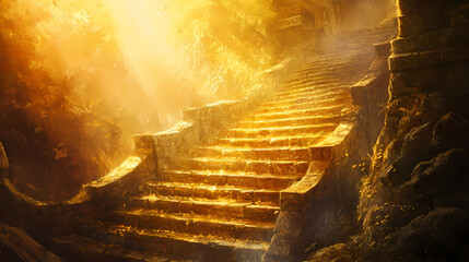 Ancient stone steps bathed in golden sunlight. Golden Age Ruins. Illustration
