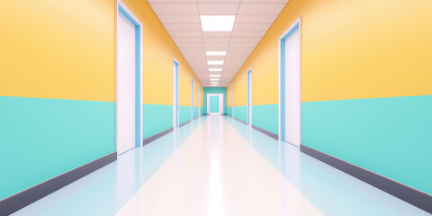 An empty hallway of educational institution with colored painted walls. School or kindergarten,...