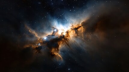 Naklejka premium A stunning nebula glows with brilliant colors, showcasing intricate patterns and bright stars forming amidst a dark cosmic backdrop. This celestial marvel captivates viewers with its beauty