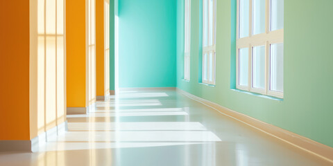 Fototapeta premium An empty hallway of educational institution with colored painted walls. School or kindergarten, corridor interior