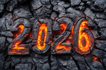 A striking visual of the number 2026, glowing in fiery orange against a dark, textured background.