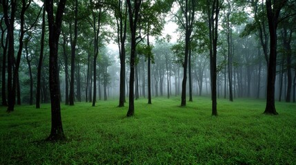 Obraz premium In the early morning, a dense forest is enveloped in mist, with tall trees standing among vibrant green grass. The scene evokes a sense of peace and calm, inviting exploration