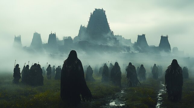 Somber depiction of Native American village ravaged by disease with smallpox scars visible on survivors muted colors and hazy fog adding to the tragic atmosphere