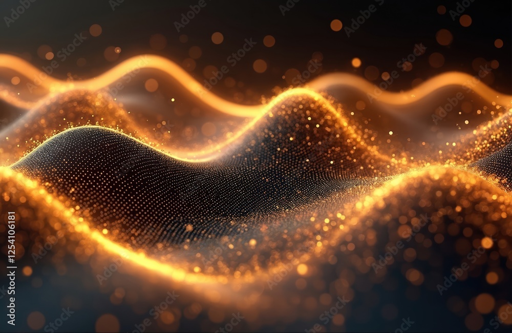 Aufkleber abstract golden dotted wave pattern undulates on dark backdrop. golden bokeh lights shimmer giving e