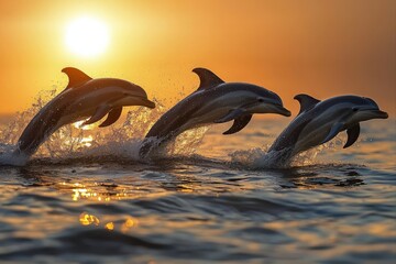 Fototapeta premium Dolphins leaping at sunset over ocean waves beautiful nature scene dynamic action