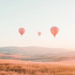Fototapeta premium Hot air balloons gracefully ascending over a serene field at sunrise with distant mountains. Generative AI