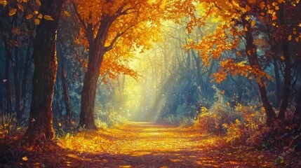 A peaceful pathway surrounded by vibrant autumn foliage creates a warm atmosphere as sunlight streams through the trees. A quiet moment in nature invites reflection and tranquility