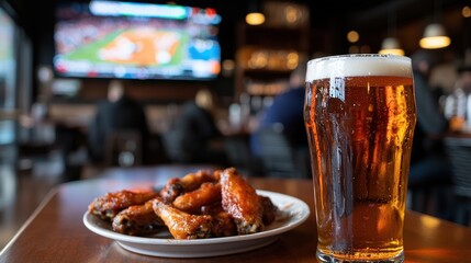 A group of friends gathers in a bustling sports bar to enjoy spicy chicken wings and cold beer while cheering on their favorite team during a live match