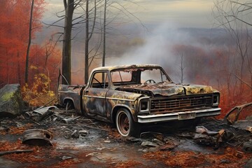 Old rusty abandoned pickup truck in misty autumn forest after wildfire. Burned car wreck in smoky woods. Apocalypse, horror scene. Vehicle wreckage. Natural catastrophe. Recycling concept